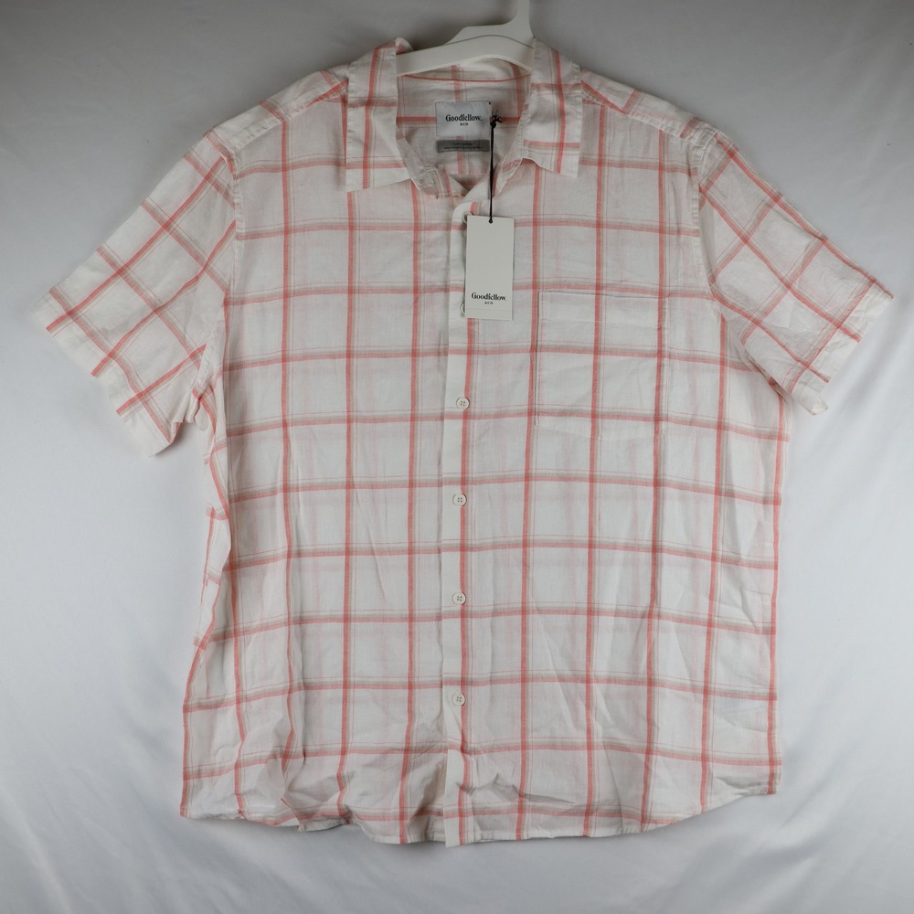 Goodfellow‎ & Co Shirt Mens XL Off White Pink Plaid Linen Cotton Slim Fit New